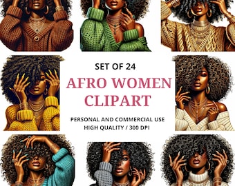 Schwarze Mädchen Afro Clipart Bundle: 24 PNG Designs (Digitaler Download)