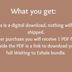 May include: A digital download graphic on a brown background. The text reads "What you get: This is a digital download, nothing will be shipped. After purchase you will receive 1 PDF file. Inside the PDF is a link to download your full Waiting to Exhale bundle."