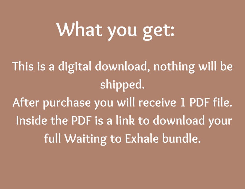 May include: A digital download graphic on a brown background. The text reads "What you get: This is a digital download, nothing will be shipped. After purchase you will receive 1 PDF file. Inside the PDF is a link to download your full Waiting to Exhale bundle."