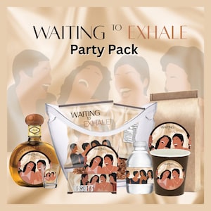 以下が含まれることがあります： 「WAITING TO EXHALE Party Pack」の文字が入ったパーティーパック。お酒のボトル、ショットグラス、ハーシーチョコレート、ウォーターボトル、紙コップが含まれています。各アイテムにはパーティーのテーマに合わせたラベルが付いています。