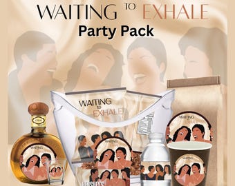 May include: A party pack with the text "WAITING TO EXHALE Party Pack". The pack includes a bottle of liquor, shot glass, Hershey's chocolate, water bottle, and a paper cup. Each item has a label with the party theme.