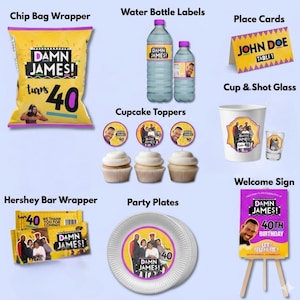 May include: A collection of party supplies for a 40th birthday celebration. Includes a chip bag wrapper, water bottle labels, place cards, cupcake toppers, Hershey bar wrappers, party plates, a cup and shot glass, and a welcome sign. The theme features the text "DAMN JAMES!" and "40".