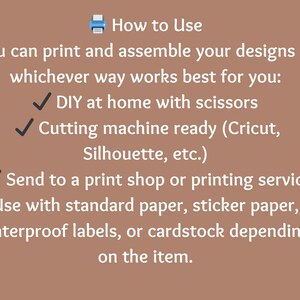 May include: Text on a brown background provides instructions on how to use a product. It details DIY printing with scissors, cutting machine compatibility, and sending to a print shop. It also mentions using various paper types.