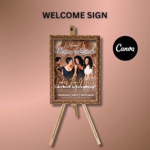 以下が含まれることがあります： 木製のイーゼルに飾られたウェルカムサイン。サインには「Welcome to Waiting to Exhale」と「Ladies Fun Night! Sisterhood is Everything!」というテキストと4人の女性の画像が描かれています。Canvaのロゴが見えます。