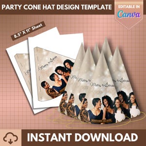 May include: Party cone hat design template with the text "Waiting to Exhale Pajama Party". The design includes images of women and the text "November XX, 202X". The sheet size is 21.6 cm x 27.9 cm.
