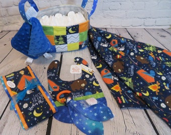 Baby Gift Basket - GONE CAMPING - Newborn Shower Gift Set; Double Quilted blanket, burp cloth, bib, Teether, Washcloths, Diaper Storage Bin