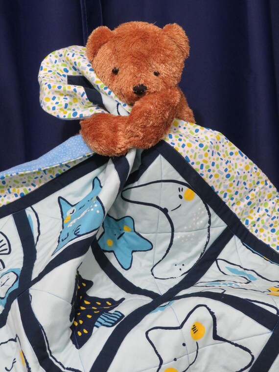 Blue Baby Boy Crib Quilt: Cotton Flannel Back, Animal Print