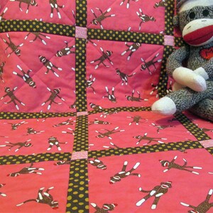 Strawberry Sock Monkey Baby Girl Quilt in cotton and flannel for nursery baby bedding Crib or Toddler Bed handmade blanket Pink, Brown & Tan image 2