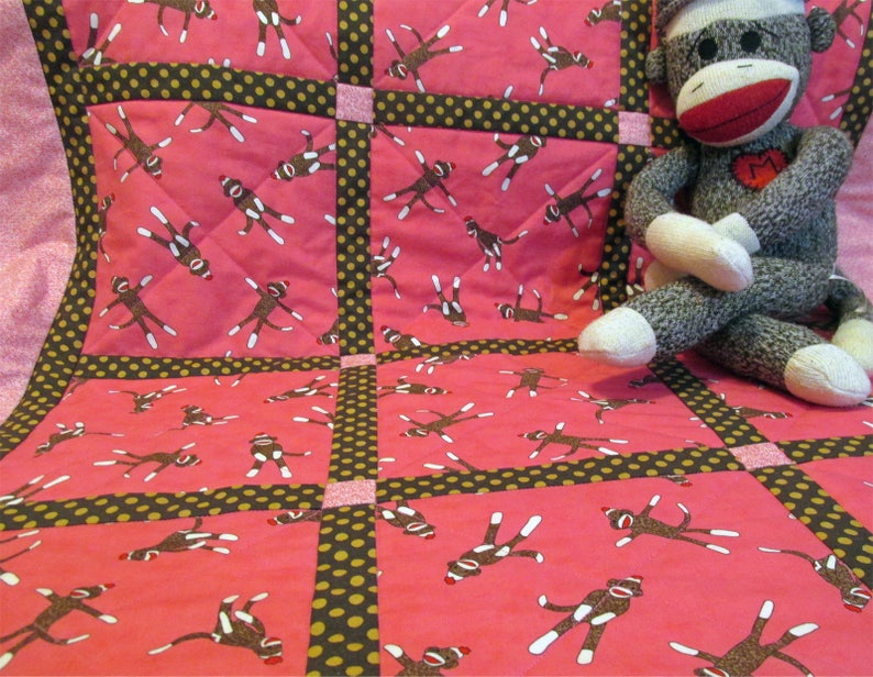 Strawberry Sock Monkey Baby Girl Quilt in cotton and flannel for nursery baby bedding Crib or Toddler Bed handmade blanket Pink, Brown & Tan image 2