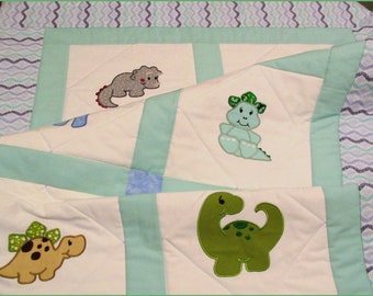 Dinosaur Baby Quilt -nursery bedding -blanket- baby shower gift - Embroidery Applique - blues and mint -  boy babies - toddler - chidren