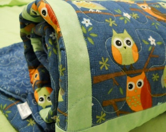 Night Owl baby crib quilt in Blue & Mint Green - MTO - Moda Cotton - Ten Little Things. Owls nursery baby bedding. Flannel or Minky back