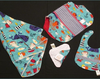 Sea / Ocean pirate gift set, 4-piece boxed baby boy Receiving Blanket, Bib, Burp Cloth, Minky Washcloth - baby shower gift - Quilt available