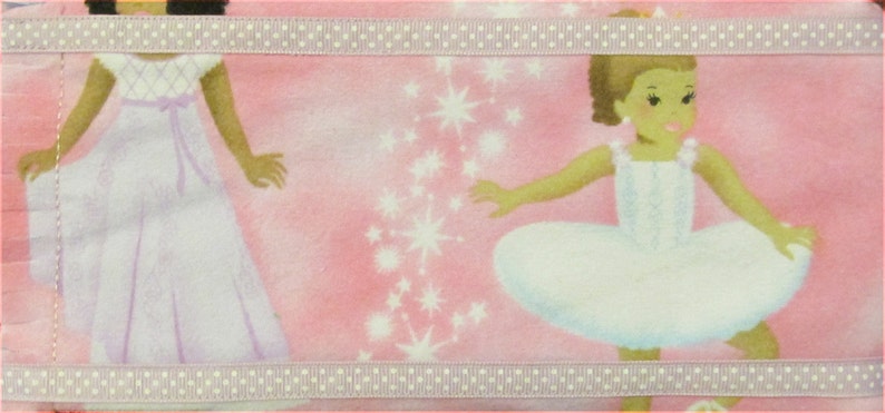 Ballerina print triple layer, contoured Raggy Burp Cloth of cotton flannel with ribbon accent for baby girl in pink and purple image 3