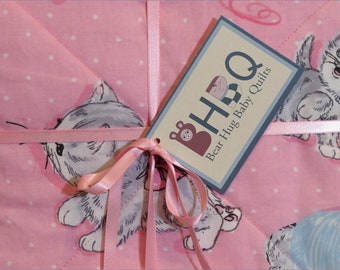 Baby Girl Quilt - SWEET KITTENS - Made to order - Kitty Cats in Silver Gray & Pink Cotton with Flannel or Minky back - Three sizes available