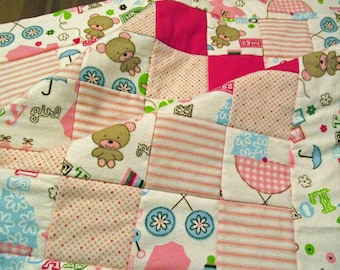 Newborn Baby Girl Teddy Bear Bassinet Quilt - Baby Shower Gift - Cotton-Flannel