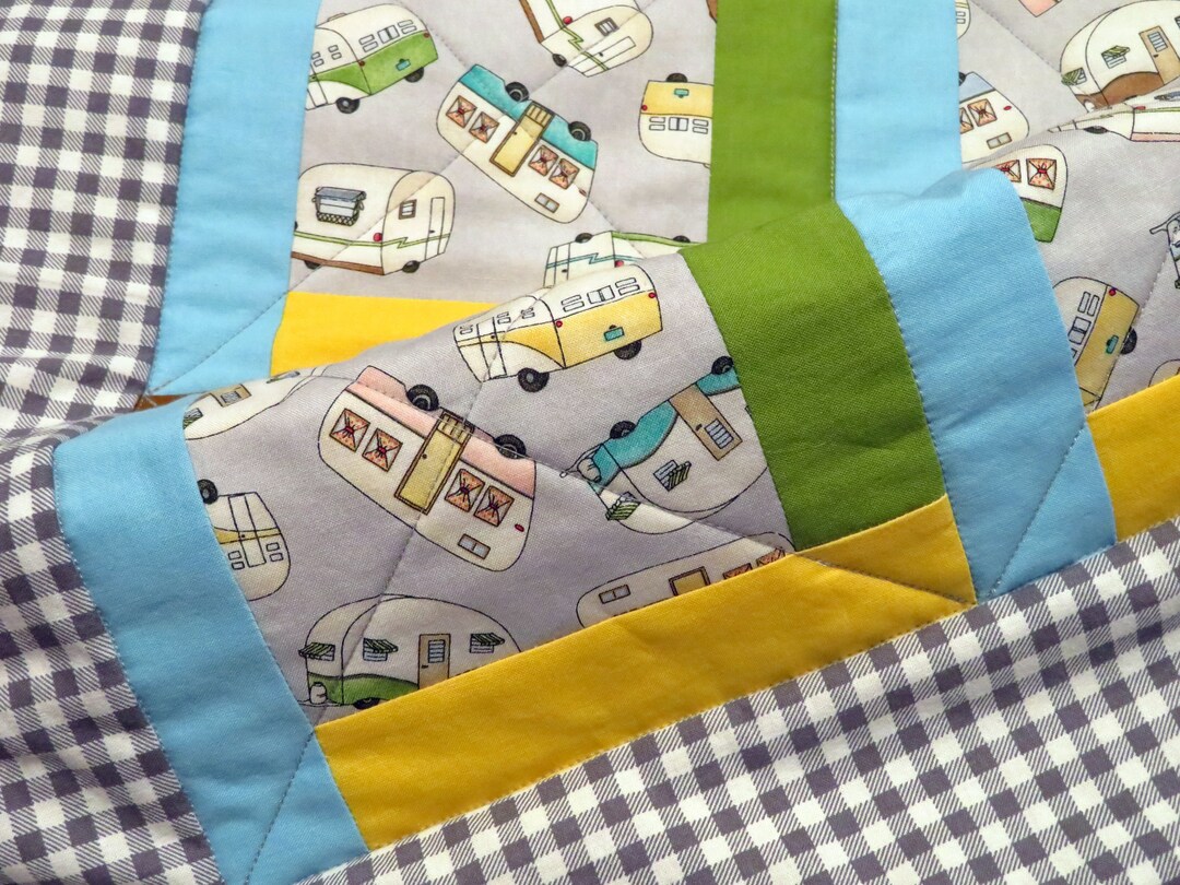Camping Baby Quilt Campers Quilted Blanket in Gray With Green, Blue