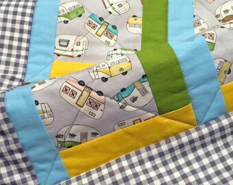 Camping Baby Quilt - Campers Quilted Blanket in Gray with Green, Blue , Yellow and Brown Cotton and Cotton-Flannel Back - Nursery Bedding