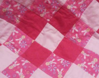 Pink Bunny Baby Girl Quilt - Stroller Blanket - Nursery Bedding - Baby Shower Gift - Cotton Flannel - Toddler Security Blanket