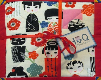 Baby Girl Quilt - Kiki Kokeshi Japanese Dolls, Made to order - Cotton with Flannel or Minky back - Three sizes available - nursery bedding