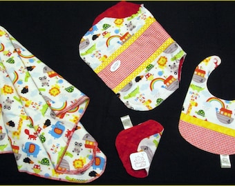 Noah's Ark gift set, 4-piece boxed baby boy Receiving blanket, bib, burp cloth, Minky washcloth - baby shower gift - Quilt available