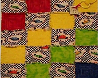 Race Car Small Quilted Rag Blanket - travel, diaper bag, Stroller, Car, baby boy vehicle - cotton flannel quilt - baby gift - ready to ship