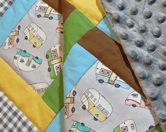 Camper baby quilt - Quilted Blanket in Grey Gingham with Green, Blue, Brown and Yellow Cotton with Gray Minky Back - Unisex  Nursery Bedding