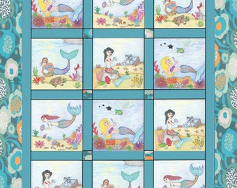 Made to Order Mermaid Beauties Baby Quilt - Colorful Underwater Mermaids  You Choose the Colors! - cotton / flannel back. Crib Blanket