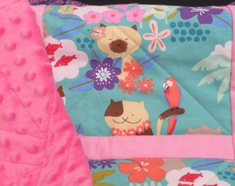 Hawaiian Kitty Cats Baby Girl Quilt - MEOWI by Alexander Henry Fabrics  - Cotton with Flannel or Minky back - MTO in Three sizes available