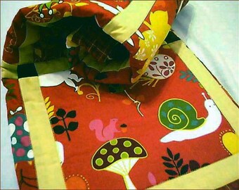 Wee Woodland Forest Animal Baby Quilt is Ready to Ship, Red and Yellow, for bassinet with mushrooms, bunny, snail, leaves, bird, squirrel