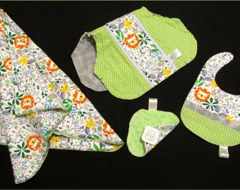 Jungle Animal gift set, 4-piece boxed unisex baby Receiving Blanket, Bib, Burp Cloth, Minky Washcloth - baby shower gift - Quilt available