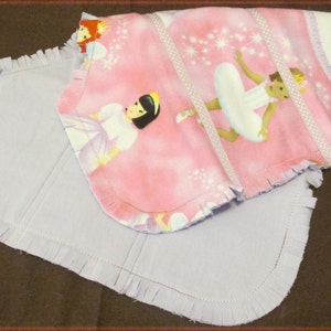 Ballerina print triple layer, contoured Raggy Burp Cloth of cotton flannel with ribbon accent for baby girl in pink and purple image 1