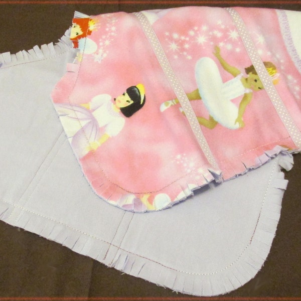 Ballerina print triple layer, contoured Raggy Burp Cloth of cotton  flannel with ribbon accent for baby girl in pink and purple