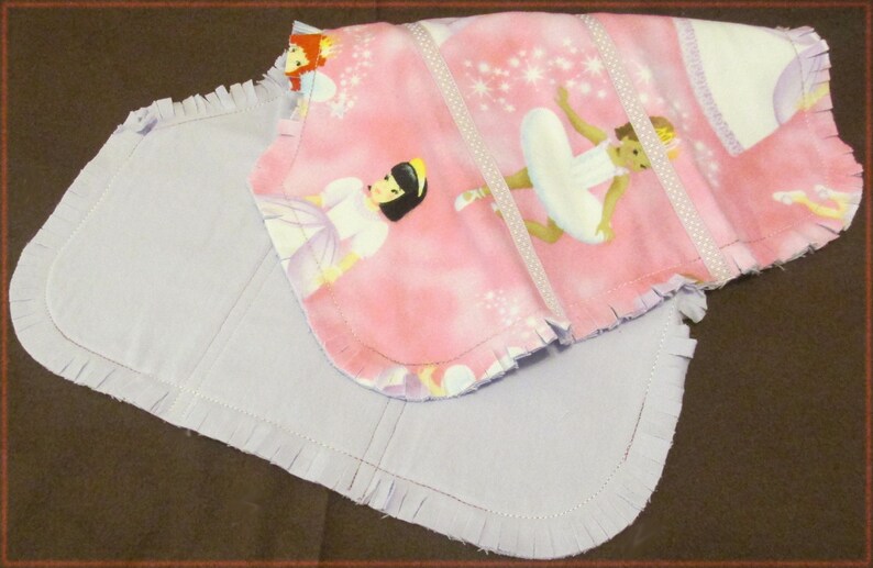 Ballerina print triple layer, contoured Raggy Burp Cloth of cotton flannel with ribbon accent for baby girl in pink and purple image 1