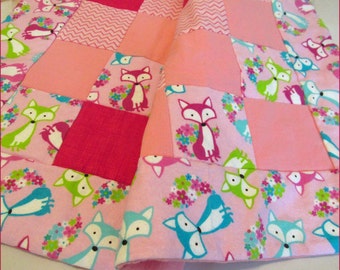 Trendy Baby Girl Fox Quilt - Baby Shower Gift - Flannel blanket in Pink Baby Forest Animal Nursery, Car, travel, small quilt for diaper bag
