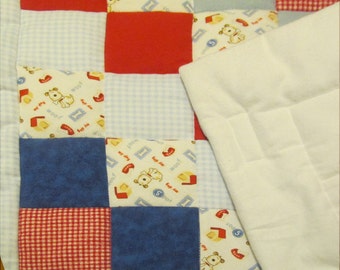 My Dog Spot  Bassinet / Stroller Quilt of Cotton-Flannel  is handmade - puppy dog blanket - blue, red, white