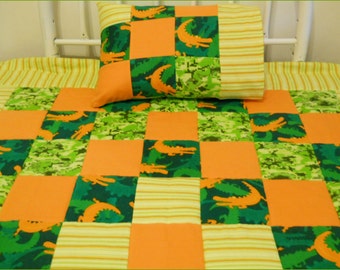 Alligator / Crocodile Toddler Quilt, Pillowcase and Pillow of green and orange cotton flannel