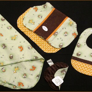 Forest Animal gift set, 4-piece boxed unisex baby Receiving Blanket, Bib, Burp Cloth, Minky Washcloth baby shower gift Quilt available image 1
