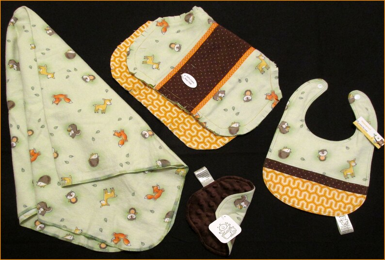 Forest Animal gift set, 4-piece boxed unisex baby Receiving Blanket, Bib, Burp Cloth, Minky Washcloth baby shower gift Quilt available image 1
