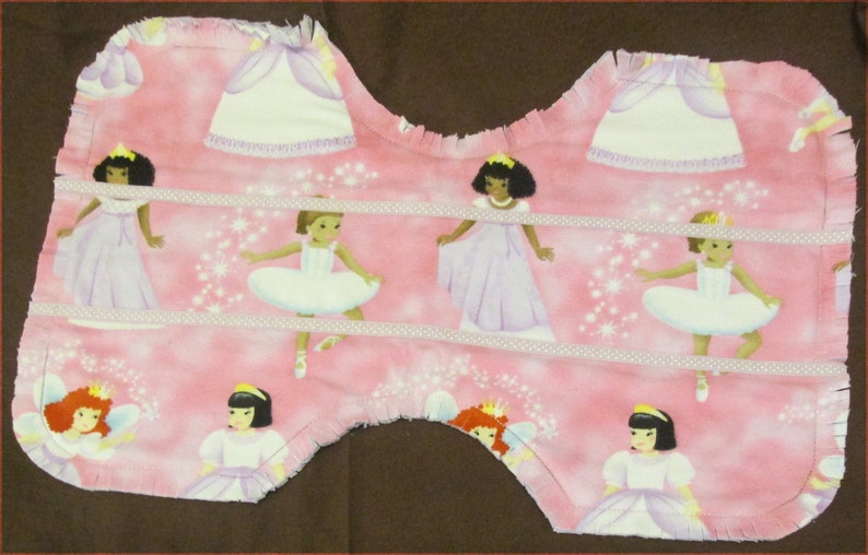Ballerina print triple layer, contoured Raggy Burp Cloth of cotton flannel with ribbon accent for baby girl in pink and purple image 2