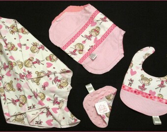 Ballerina gift set, 4-piece boxed baby girl  Receiving Blanket, Bib, Burp Cloth, Minky Washcloth - baby shower gift ready - Quilt available