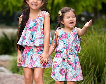 Leilani Romper with Overlay Flounce Ruffle Neckline Toddlers Girls Tweens INSTANT DOWNLOAD PDF Sewing Pattern in Sizes 1-14