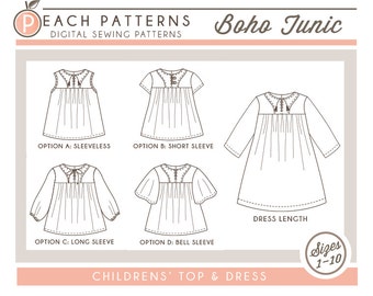 Boho Tunic Top Blouse and Dress INSTANT DOWNLOAD PDF Sewing Pattern Toddlers Children Girls Sizes 1 to 10