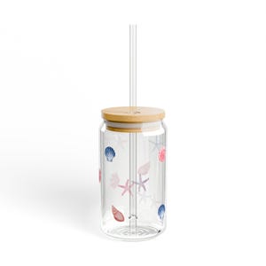 Seashell Sipper Glass, 16oz - Beach Themed Tumbler with Starfishes - Pastel Colored, Summer Drinkware, Coastal Decor, Ocean Lover Gift,