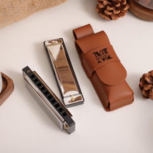 Custom Engrave Leather Harmonica Case, Custom Harmonica Pouch with Harmonica, Gift for Harmonica Player, Music Gift, Birthday Gift, Dad Gift