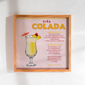 Kunstprint cocktailrecept Piña Colada | kunst aan de muur barwagen | vierkante cocktailkunstprint | vintage cocktail | digitale afdruk | poster: