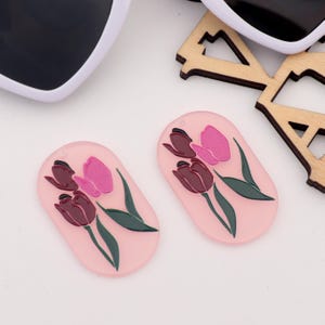 Pink Tulpen Ellipse Form Resin Rohling, 40 mm x 24 mm, Schmuck DIY, Halskette & Ohrring Zubehör, handbemalte Blume Design AC079