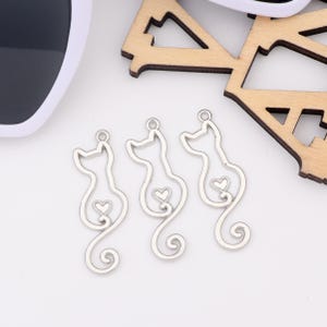 Silver Plated Cat Pendant with Heart Tail, Minimalist Cat Charm, DIY Necklace or Earrings, Cute Cat Jewelry Pendant for Pet Lovers AC209