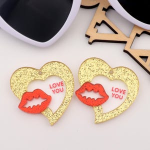 Gold Glitter Heart Shaped Acrylic Blank with Red Glitter Lip, 39mm Pendant for DIY Earrings, Valentine’s Day Jewelry, Craft Supplies AC104