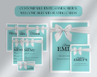 Breakfast at Tiffany's Bridal Shower Bundle: Invite, Games, Sign (Custom Canva Template - Digital Download)