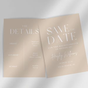 May include: Two beige cards with white text. The card on the left has the text "THE DETAILS" and lists the days of the week: Friday, Saturday, and Sunday. The card on the right has the text "SAVE THE DATE" and the text "FOR THE BACHELORETTE IN HONOR OF Hayley Williams MARCH 18-21 PALM BEACH, FL".